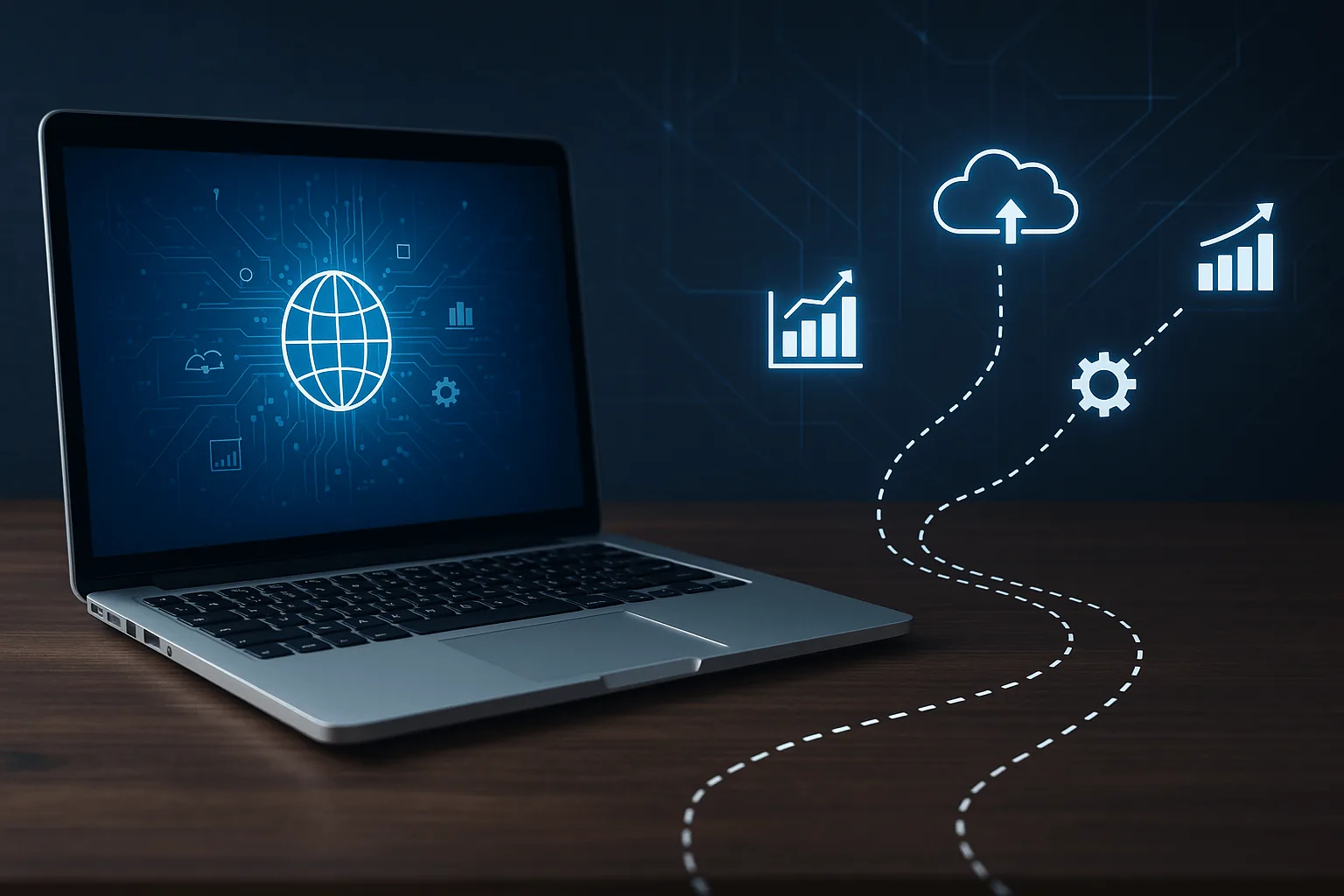 Laptop with cloud computing and growth analytics icons