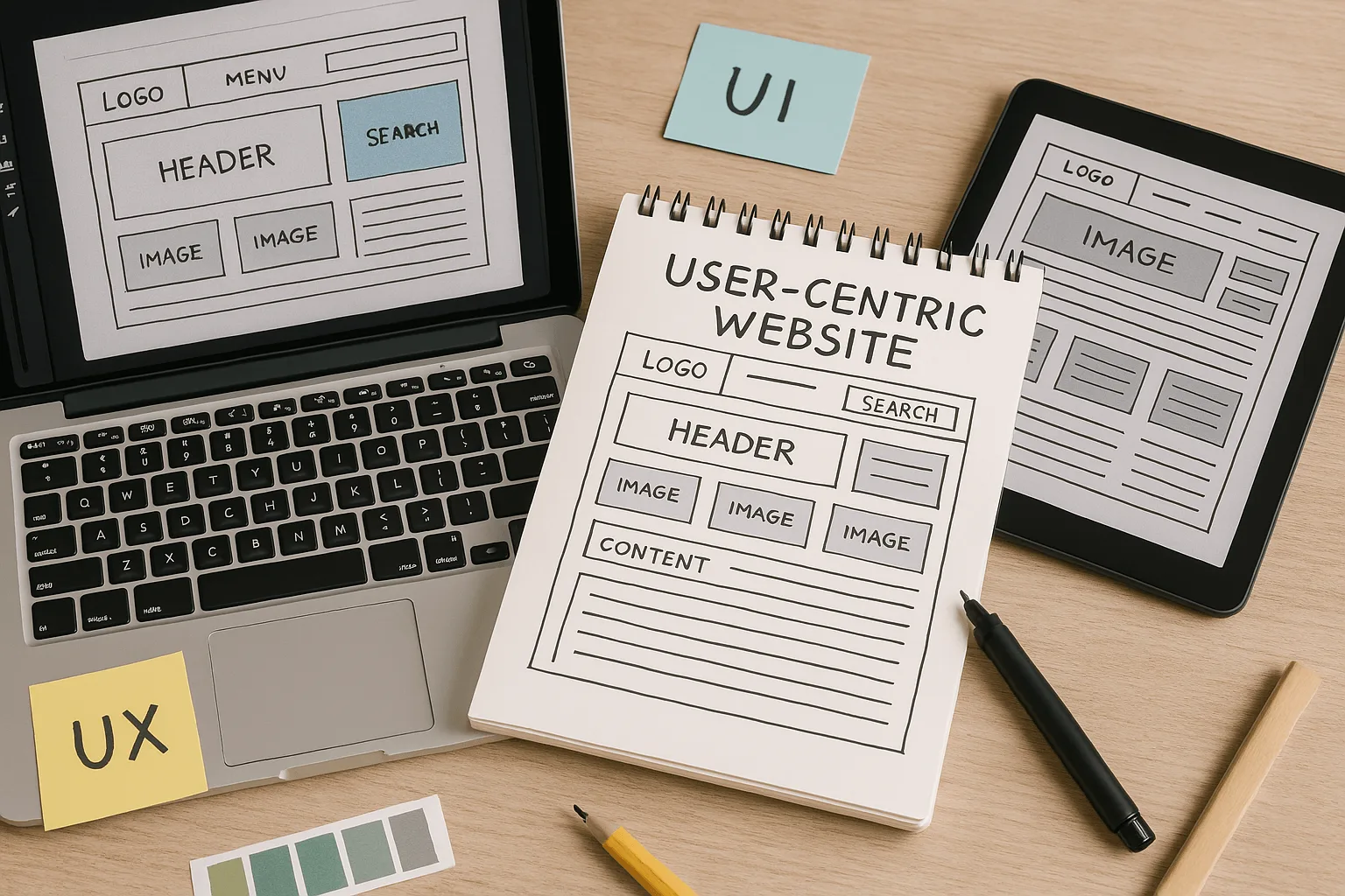 Laptops and paper sheet displaying UI/UX website wireframes