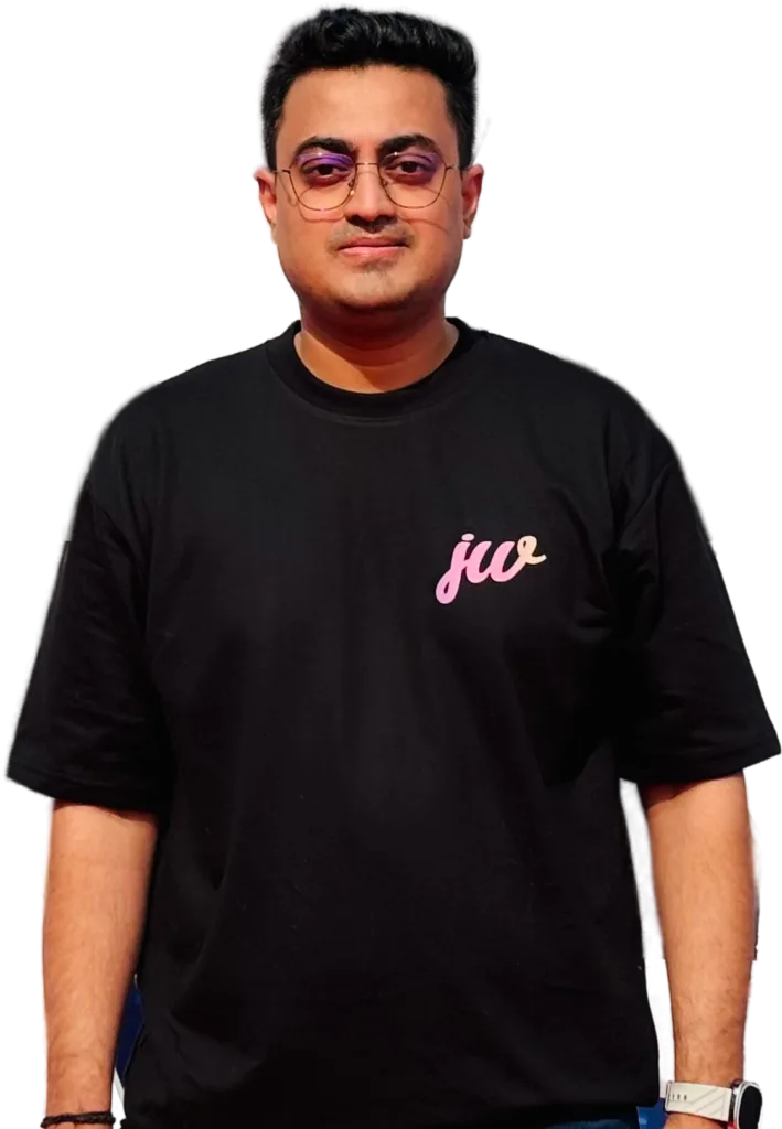 Man in black t-shirt with "jw" text.